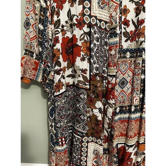 Boho Floral Geometric Quilt Square Pattern Long Sleeve Button-Down Shirt Kimono - Picture 8 of 16